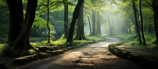 Poster - The pathway amidst the forest, with ample copy space image.