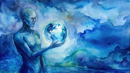 of a person holding a globe in front of electric blue water with a thigh gesture, all done in watercolor style , Globe, water, electric blue, artistic,watercolor, hands, world, earth