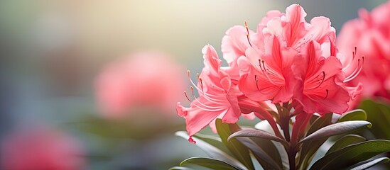 Poster - Close-up of an Indian Rhododendron flower carpel with soft focus against a blurred background, including copy space image.