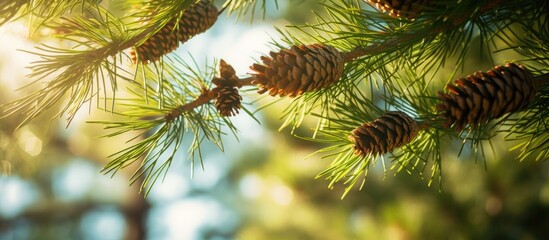Fototapete - Cones on branches with pine needles in the summer sunlight, with a copy space image.