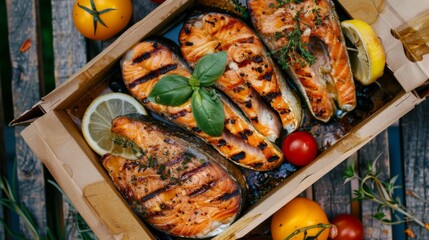 Wall Mural - Grilled Salmon Fillets in a Wooden Box with Fresh Vegetables
