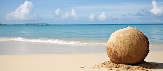 Aufkleber - Coconut resting on sandy beach with copy space image available.