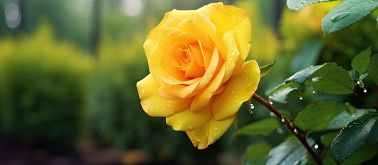 Poster - Yellow rose in a garden with a green backdrop, offering copy space image for viewers.