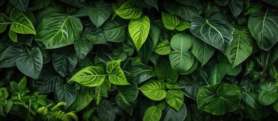 Wall Mural - Various shapes and sizes of plant leaves create a lush background for the copy space image, functioning as the food factories of green plants.