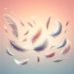 Wall Mural - Feathers float against a gradient backdrop, evoking serenity 