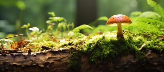 Poster - Nature background showing an old stump with a mushroom on it, providing space for text or graphics (copy space image).