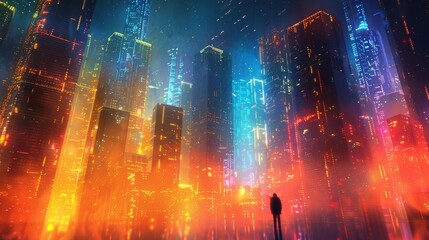 Wall Mural - Neon Cityscape, A cityscape with neon lights and abstract buildings