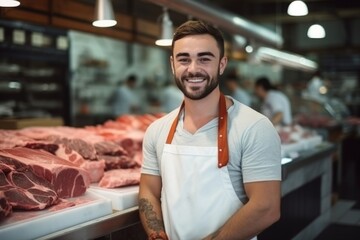 Wall Mural - Young smiling butcher slicing expensive organic meat shop grocery store vendor satisfied customer beef pork chicken fresh food raw uncooked food supply protein product butchery barbecue store