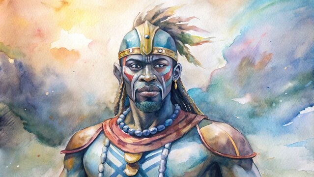 of an ancient African warrior with painted face in watercolor , warrior, ancient, African, painted face,generative AI, watercolor, cultural, traditional, art, tribal, ritual, mask, abstract