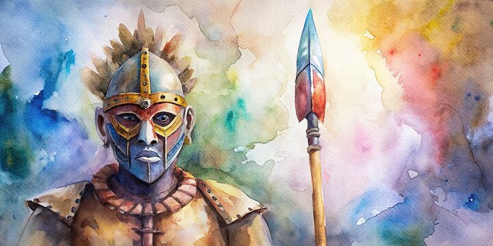 African warrior mask and spear in generative watercolor, African, warrior, mask, spear, tribal, traditional, culture, Africa, art, painting, watercolor,ancient, weapon, ritual, ethnic