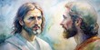 © artsakon - Watercolor painting of Jesus attentively listening to a man , religion, spiritual, Christianity, compassion, empathy, divine, watercolor, artwork,faith, understanding, conversation