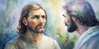 © artsakon - Watercolor painting of Jesus attentively listening to a man , religion, spiritual, Christianity, compassion, empathy, divine, watercolor, artwork,faith, understanding, conversation