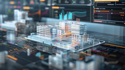 Poster - 3D isometric data visualization with Real estate and construction industry concept. Virtual reality illustration.