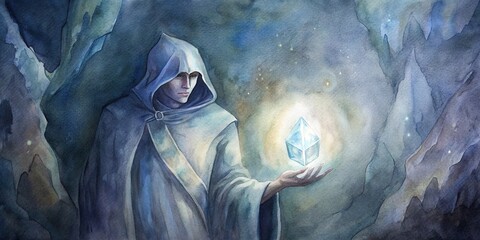 Hooded figure holding a glowing crystal in a dark, mysterious setting , mystery, fantasy, hood, cloak, crystal, glow, dark, eerie, mystical, magic, occult, supernatural, shadow