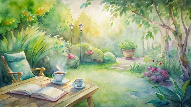 Serene outdoor reading space with vibrant garden and coffee watercolor, outdoor, reading, space, serene, garden, vibrant, coffee, watercolor, peaceful, relaxing, nature, plants, tranquil