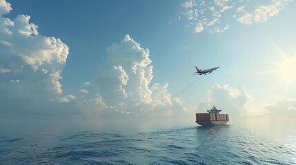 air, land, sea transportation, cargo ship in a seascape, an airplane flying above,