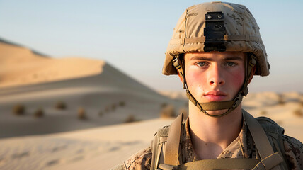 Portrait of young soldier on duty in desert .