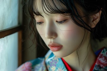 Wall Mural - Elegant young woman in a colorful kimono quietly reflects by a window