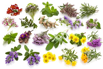 Wall Mural - A collection of traditional healing herbs with their names and uses