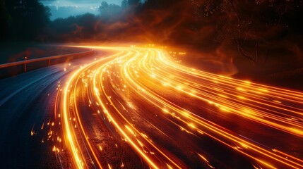 Canvas Print - 3D render of light trails that appear to speed across an abstract terrain