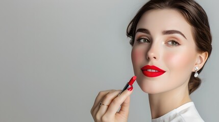 Poster - Young woman applying red lipstick. Elegant look. Beauty shot suitable for makeup ads and tutorials. Perfect skin and classic style. AI