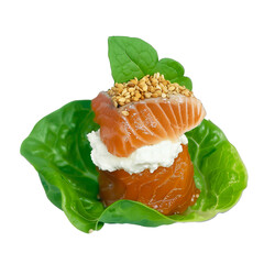 Wall Mural - piece of iceberg salad with cream cheese, salmon and sesame on top, isolated on transparent background.