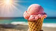 © Oxana39 - Pink ice cream cone on the beach, sunny day, refreshing summer treat