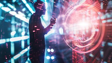 Poster - Futuristic cyber security expert analyzing digital data interface