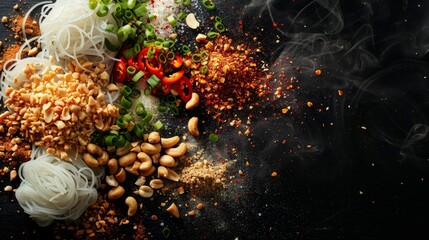 A close up of a variety of nuts and spices on a black background