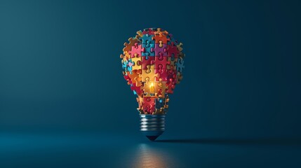 Wall Mural - A symbolic 3D illustration of a light bulb made of puzzle pieces, representing the idea of research leading to innovative solutions and discoveries.