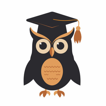 Colorful owl wearing a graduation cap with a red tassel against an orange background