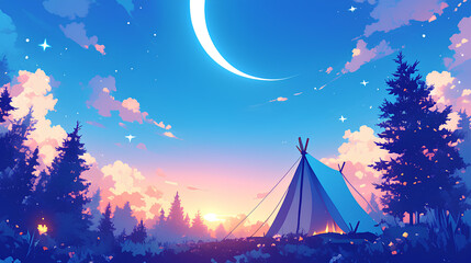 Wall Mural - camping tent and bright moon night background