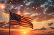 © Olsek - American flag waving in a vibrant sunset sky with fireworks, symbolizing patriotism and celebration. Strong colors and dynamic composition. Ideal for holiday themes. Generative AI