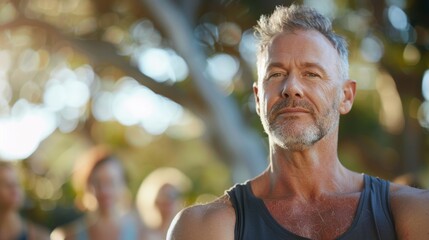 Wall Mural - A man with a beard and gray hair wearing a sleeveless top standing in a park with blurred background looking directly at the camera with a serious expression.