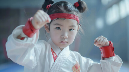 Wall Mural - Taekwondo is a martial art for kids that involves wearing traditional clothing and protective gear while practicing sparring. It includes film noise effects to create an immersive atmosphere.