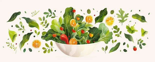 Illustrate enjoying a healthy salad with leafy greens and vegetables