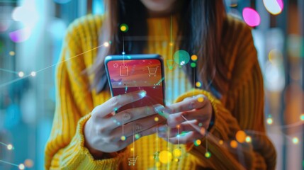 Wall Mural - Woman using a smartphone with online shopping icons and charts around