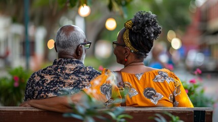 Sticker - An elderly couple both wearing glasses sitting closely together on a park bench enjoying each other's company and the surroundings.