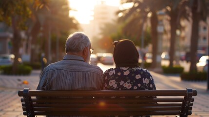 Sticker - An elderly couple sitting on a park bench enjoying a peaceful moment together with the setting sun casting a warm glow on their surroundings.