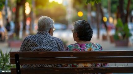 Sticker - Two elderly individuals sitting on a park bench engaged in a conversation with a blurred cityscape in the background suggesting a peaceful moment of connection amidst urban life.