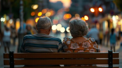 Sticker - An elderly couple sitting on a bench enjoying the city lights and each other's company.