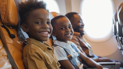 Sticker - Two young children smiling at the camera seated in airplane seats with a window showing daylight and a glimpse of the sky.