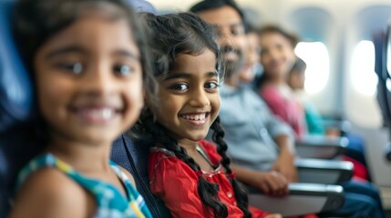 Poster - A group of happy children sitting in airplane seats smiling and looking at the camera.