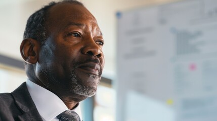 Poster - A man in a suit looking thoughtful with a slight smile standing in front of a blurred whiteboard with some writing on it.