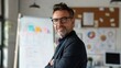 © iuricazac - Smiling man in glasses wearing dark suit standing in office with whiteboard and colorful sticky notes.