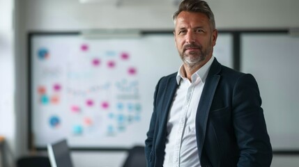 Poster - A man in a suit standing in front of a whiteboard with colorful notes and diagrams suggesting a professional or business setting.