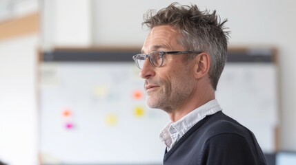 Poster - A man with graying hair wearing glasses a dark sweater and a white shirt standing in front of a whiteboard with colorful sticky notes possibly in a meeting or brainstorming session.