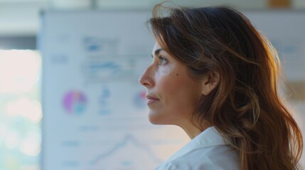 Wall Mural - Woman with long brown hair looking away from camera in office setting with whiteboard in background.