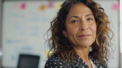 Wall Mural - A woman with curly hair wearing a black and white polka dot blouse smiling and looking to the side in an office setting with a whiteboard in the background.