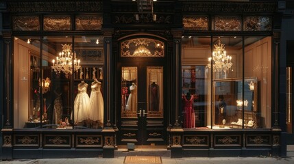 An elegant vintage boutique with ornate facade showcasing evening dresses and chandeliers inside.